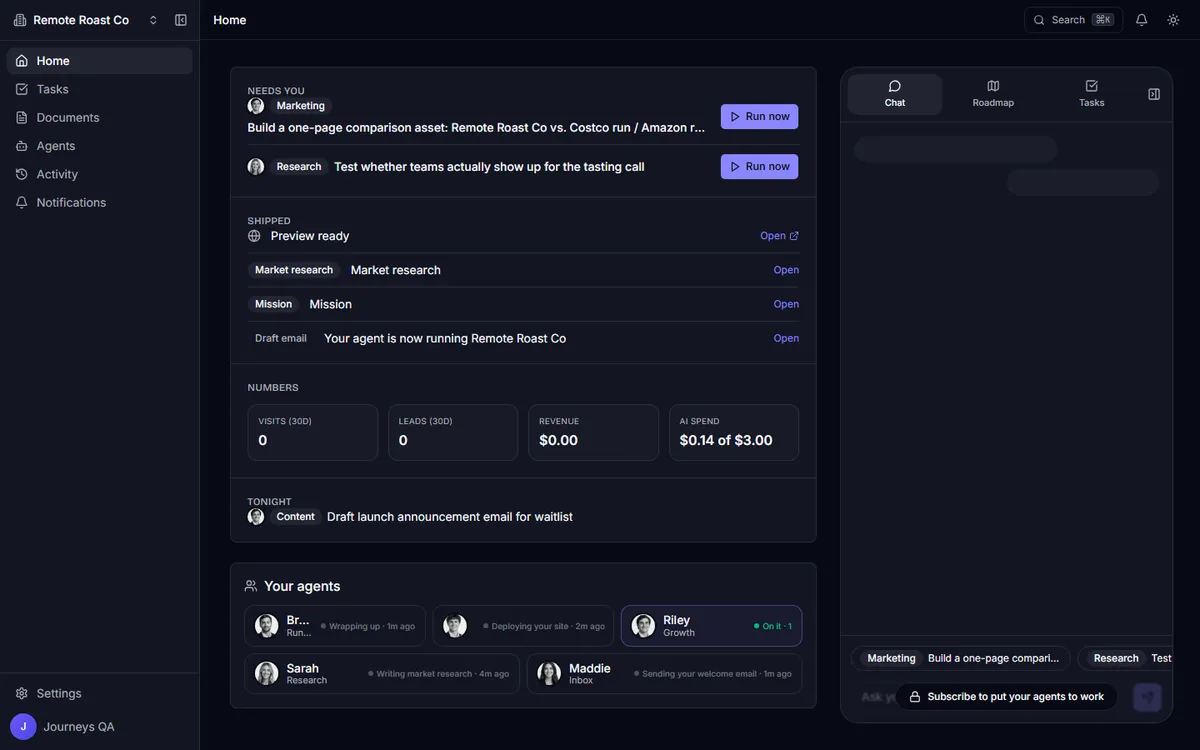 The Insomniac Agents dashboard: today's needs-you decisions, shipped deliverables, numbers, and tonight's queue.