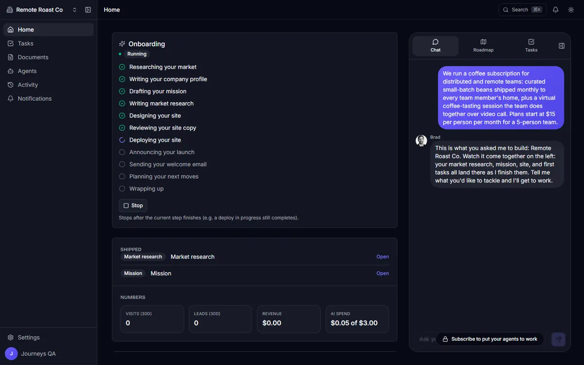 The build in progress: an onboarding checklist and live agent statuses.